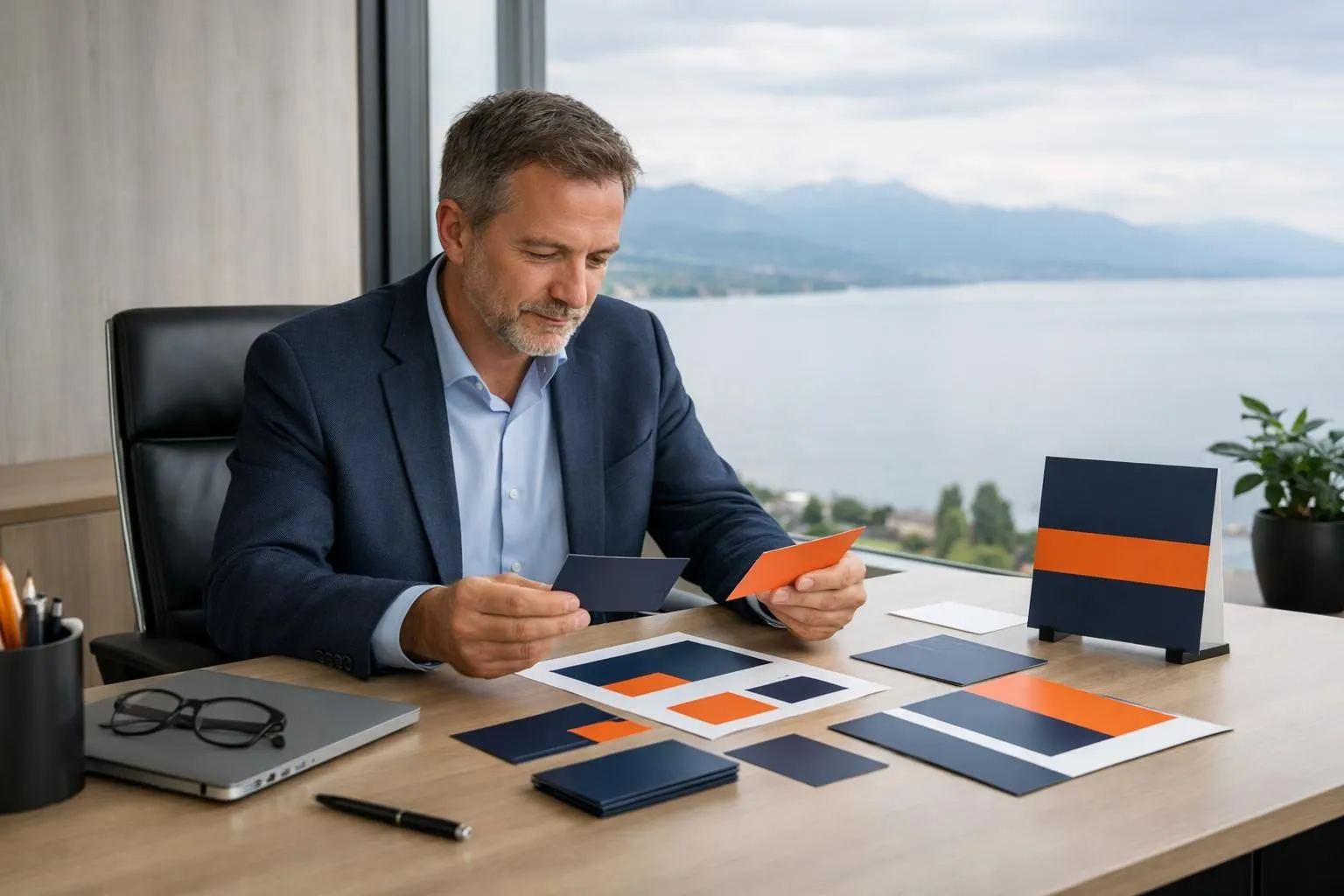 Swiss small business owner examining brand identity materials including business cards and signage samples on a modern desk, with Lausanne lakeside visible through office window, professional consultation atmosphere