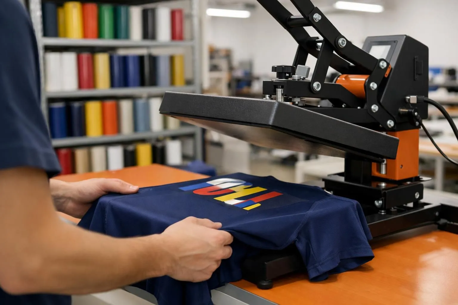 Close-up of a heat press machine applying colored vinyl lettering onto a polyester sports jersey, with rolls of flex vinyl material visible in the background, professional textile workshop setting with bright lighting