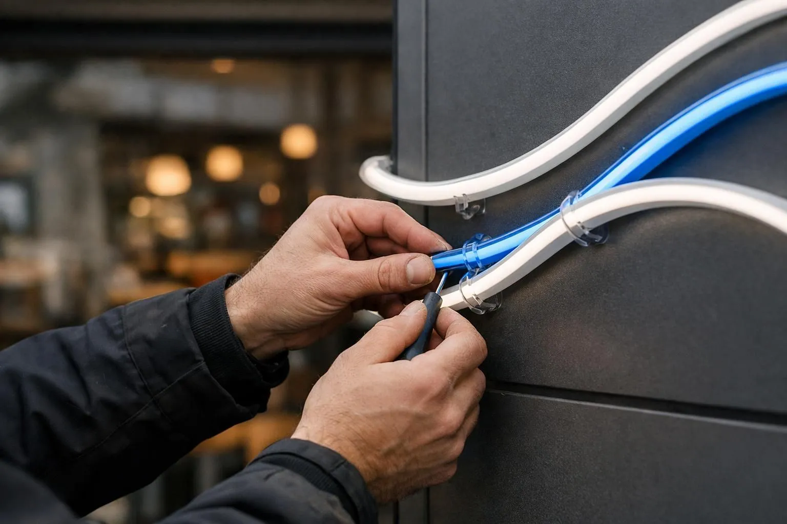 Close-up photorealistic view of custom LED neon signage being installed on a modern Swiss business storefront, showing skilled technician's hands carefully positioning vibrant blue and white neon tubes forming elegant curves, with blurred restaurant or retail interior in background, professional craftsmanship atmosphere, warm ambient lighting, shallow depth of field focusing on the neon installation process