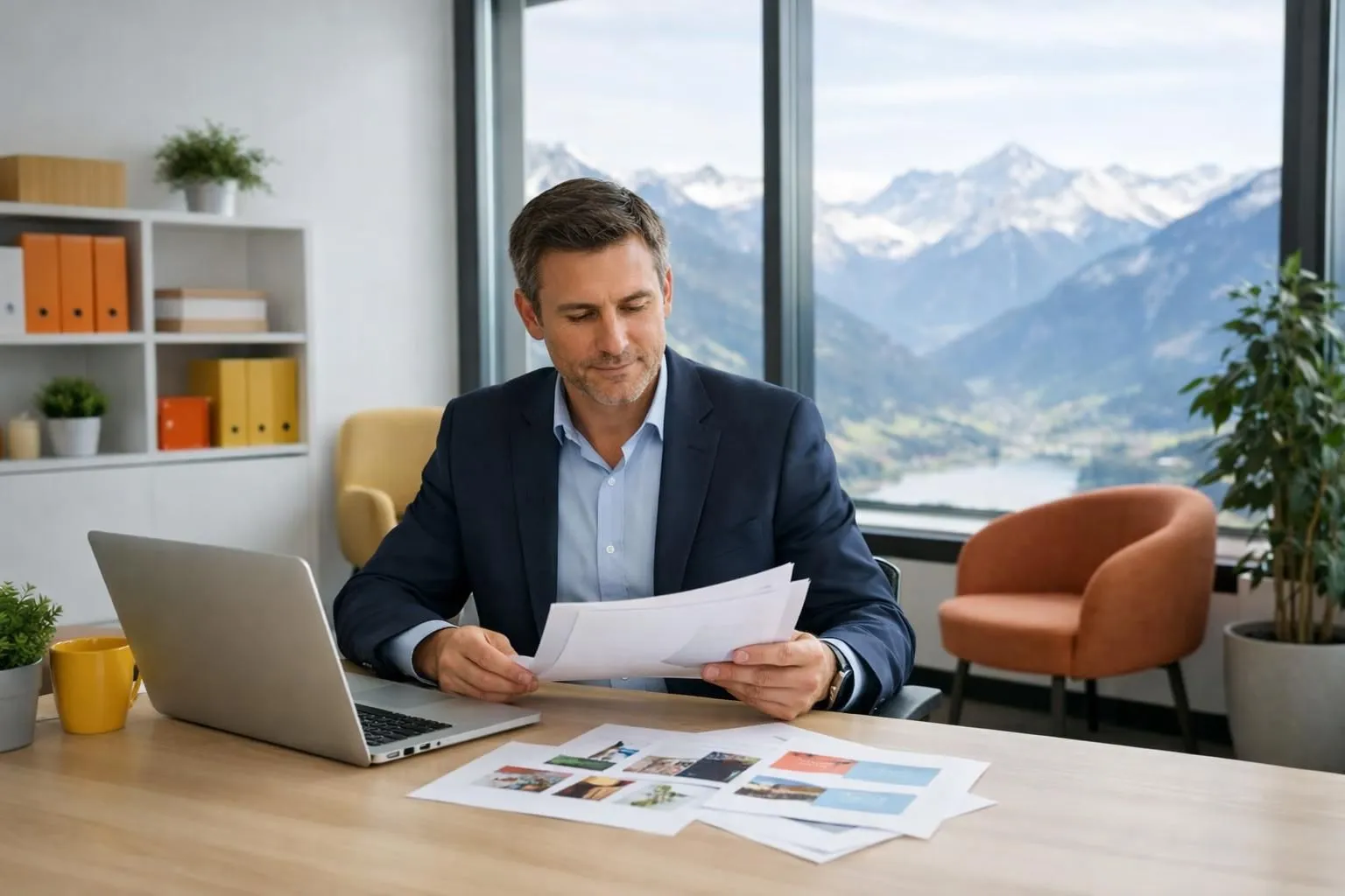 Swiss business owner reviewing marketing agency proposals on desk with printed materials and tablet showing campaign metrics in bright office setting