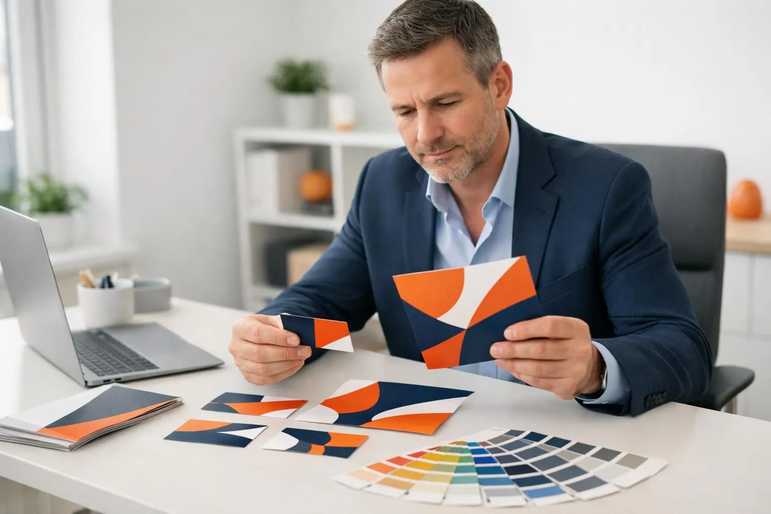 Professional business owner reviewing printed marketing materials including business cards and brochures with color swatches spread on modern desk, bright office environment with focus on brand consistency evaluation