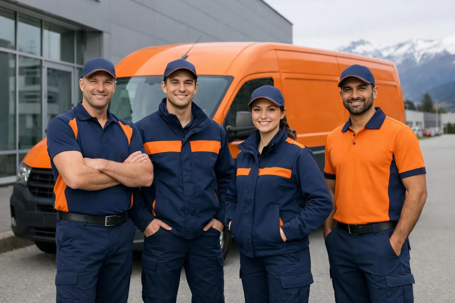 Professional delivery team wearing custom branded workwear uniforms with company colors standing in front of delivery van, showing coordinated business identity through personalized clothing in Swiss business environment