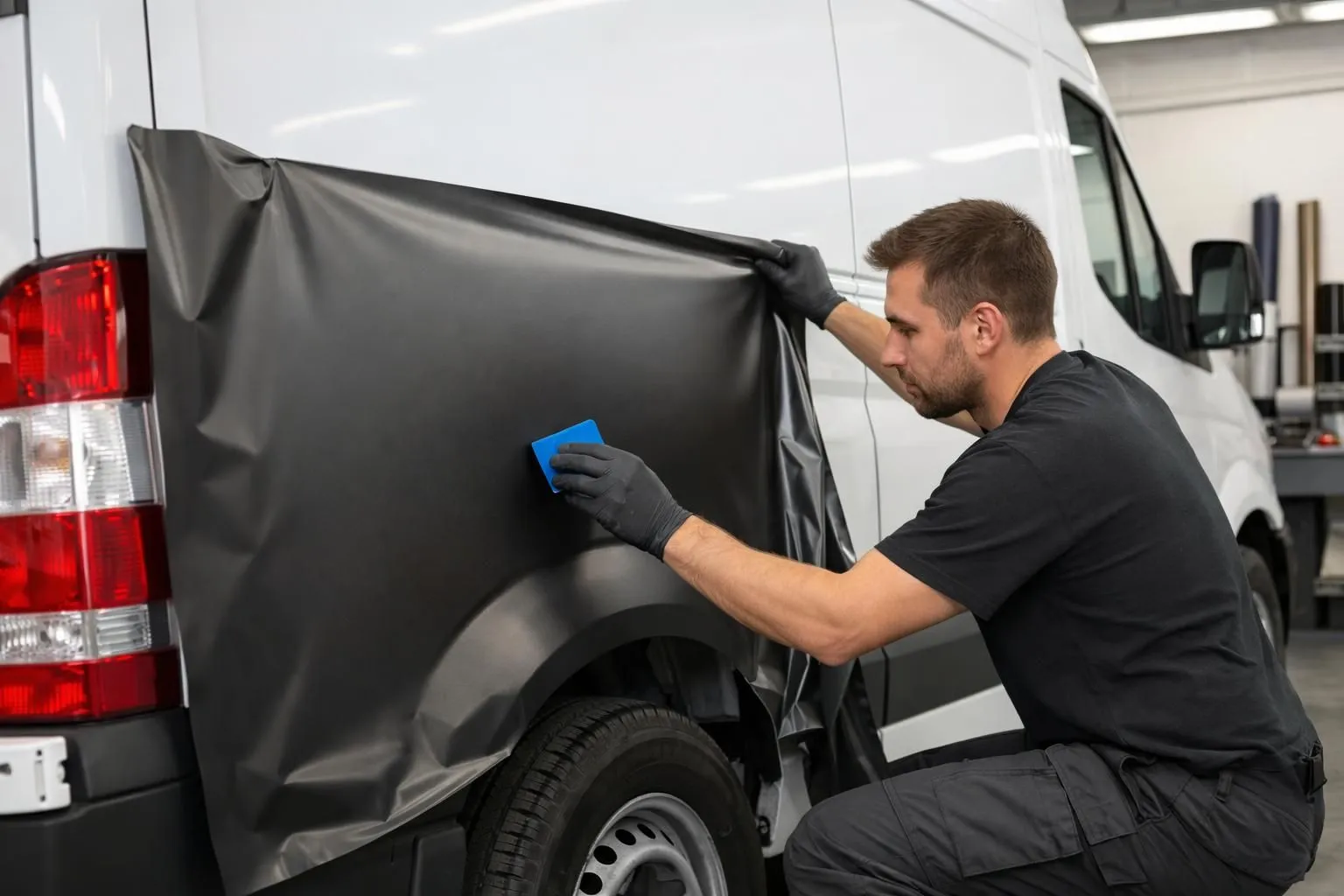 Professional technician meticulously applying high-quality vinyl wrap to white commercial van side panel in well-lit modern workshop, showcasing precision work and material quality without any visible text or signage