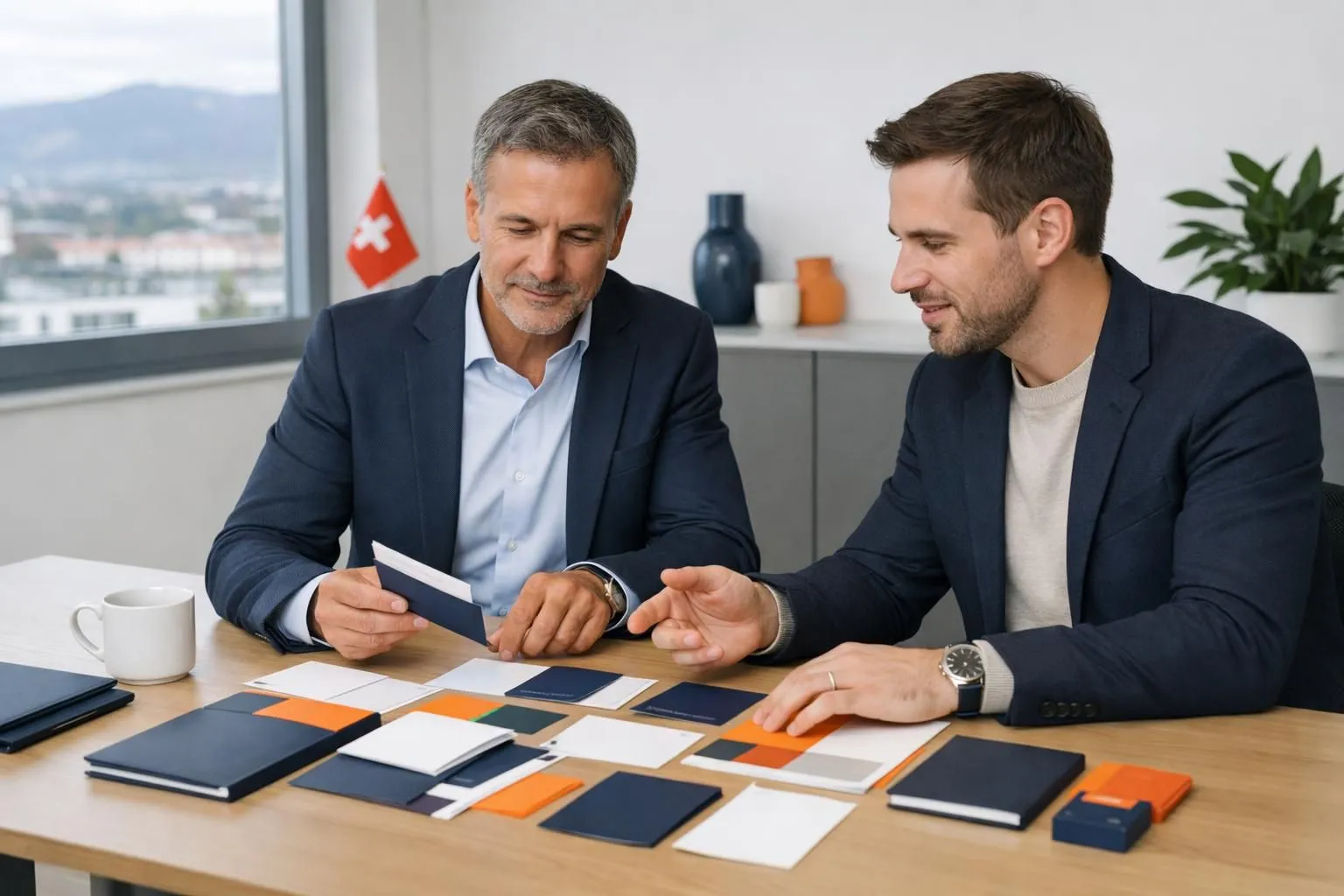 Business owner meeting with communication agency consultant reviewing visual branding materials and signage samples on modern desk in Swiss office, professional collaboration atmosphere