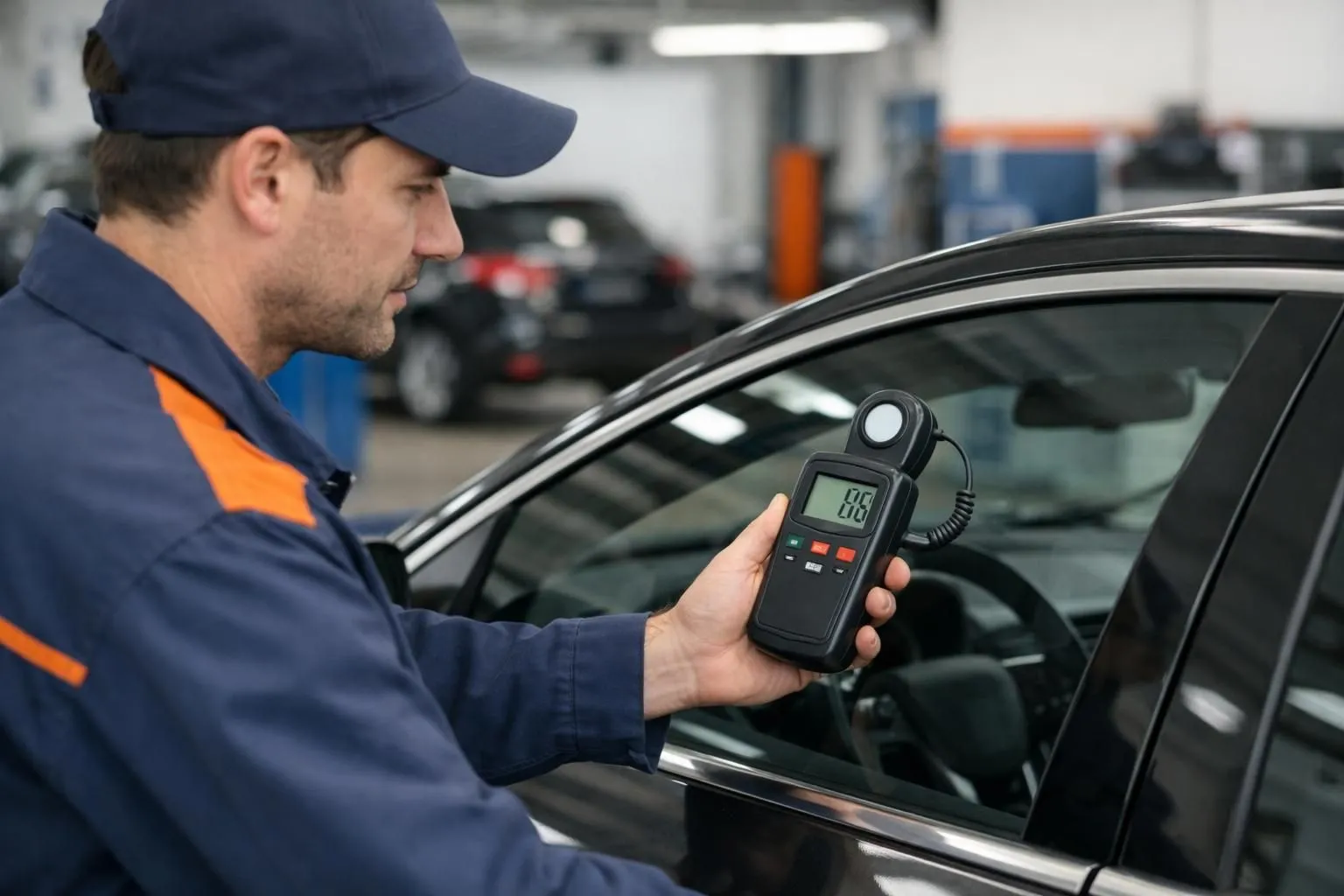 Professional technician using digital light transmission meter on car side window in clean automotive workshop, modern measurement device displaying percentage reading, realistic professional setting