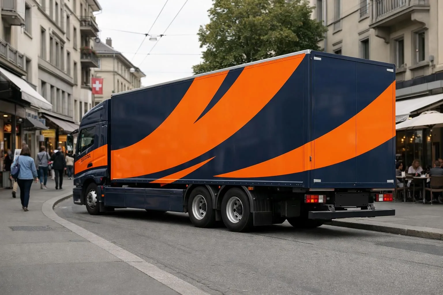 A delivery truck with professional vinyl advertising graphics parked in a busy urban Swiss street, with pedestrians and local shops visible in the background, focusing on the branded vehicle's visibility in a commercial district, no text or letters visible on the image