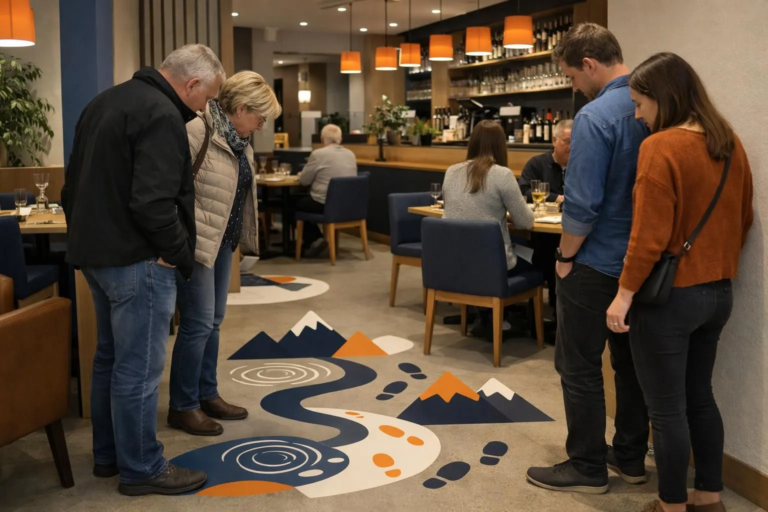 Modern Swiss restaurant interior showing diverse customers naturally looking down at creative floor decals near entrance and seating areas, warm lighting, contemporary bistro atmosphere in Lausanne region, patrons engaged with floor graphics while walking