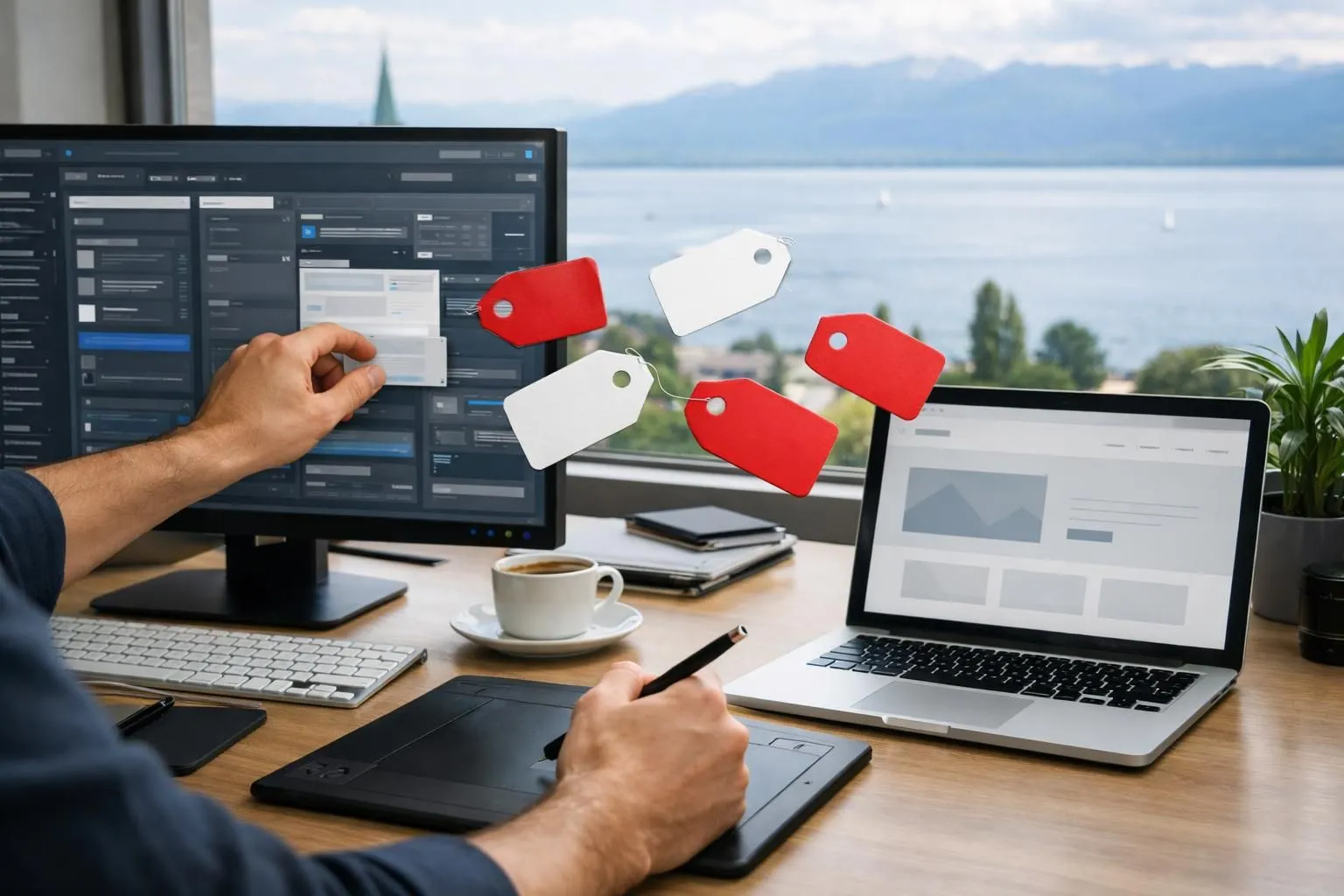 Split-screen comparison showing simple website wireframe on left versus complex multi-layered dashboard interface on right, with Swiss franc price tags floating between them, photographed in modern Lausanne office setting with Lake Geneva visible through window