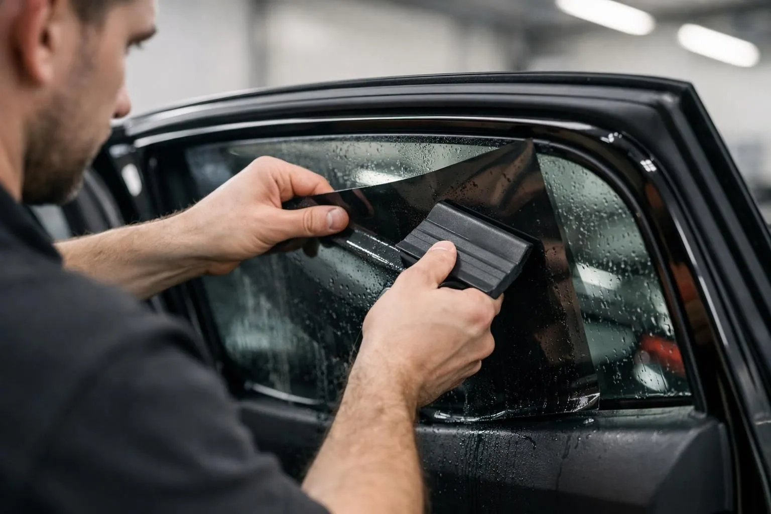 Professional automotive technician carefully installing dark tinting film on the rear window of a modern car inside a clean workshop, showing precision work with specialized tools and quality materials, emphasizing the technical expertise required for window tinting services in Switzerland