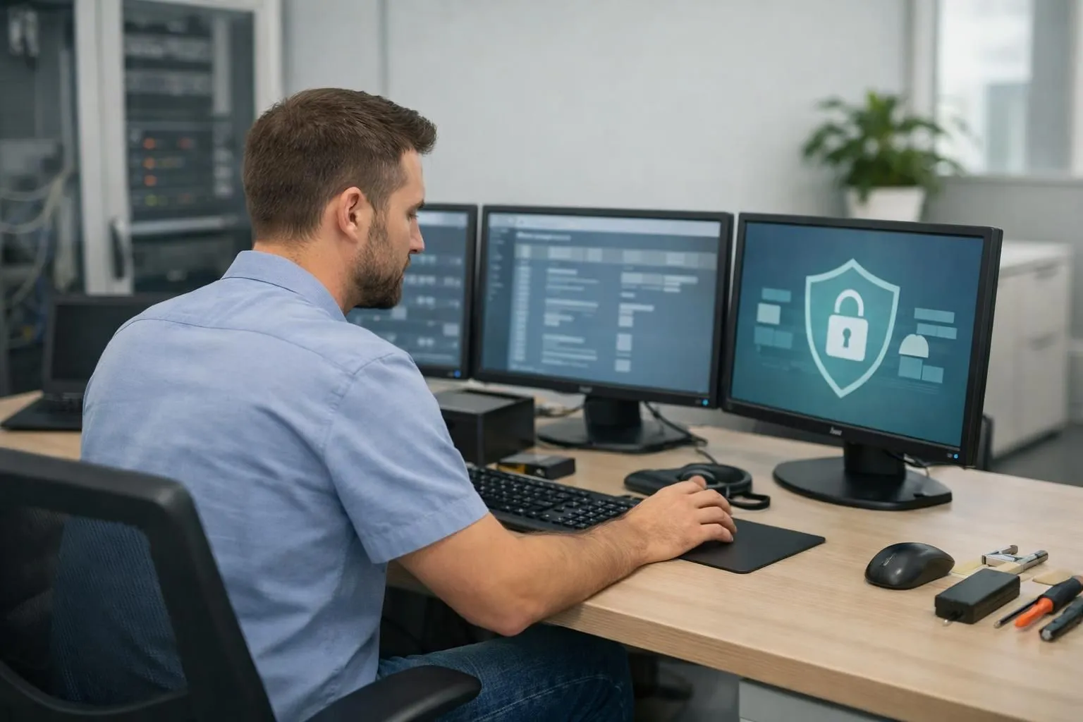 Professional technician monitoring multiple computer screens showing website security dashboards and backup status indicators in a modern office environment, with visual elements representing data protection and system maintenance