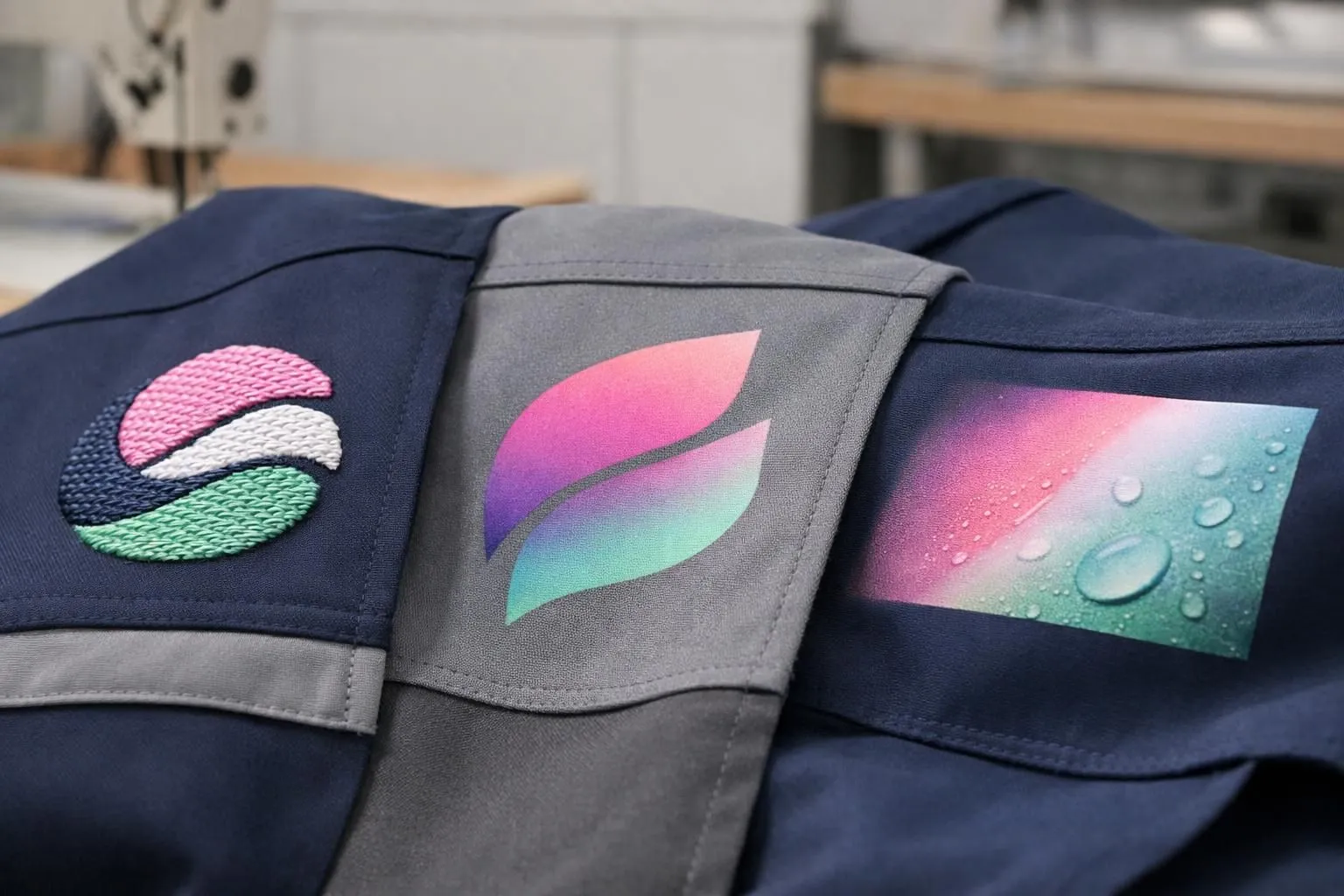 Close-up view of a professional work jacket showing different customization techniques side by side: embroidered logo with visible texture and relief, vibrant screen-printed design, and digital print detail, displayed on navy blue and grey fabric, photographed in natural workshop lighting to highlight the various textile personalization methods, no text visible