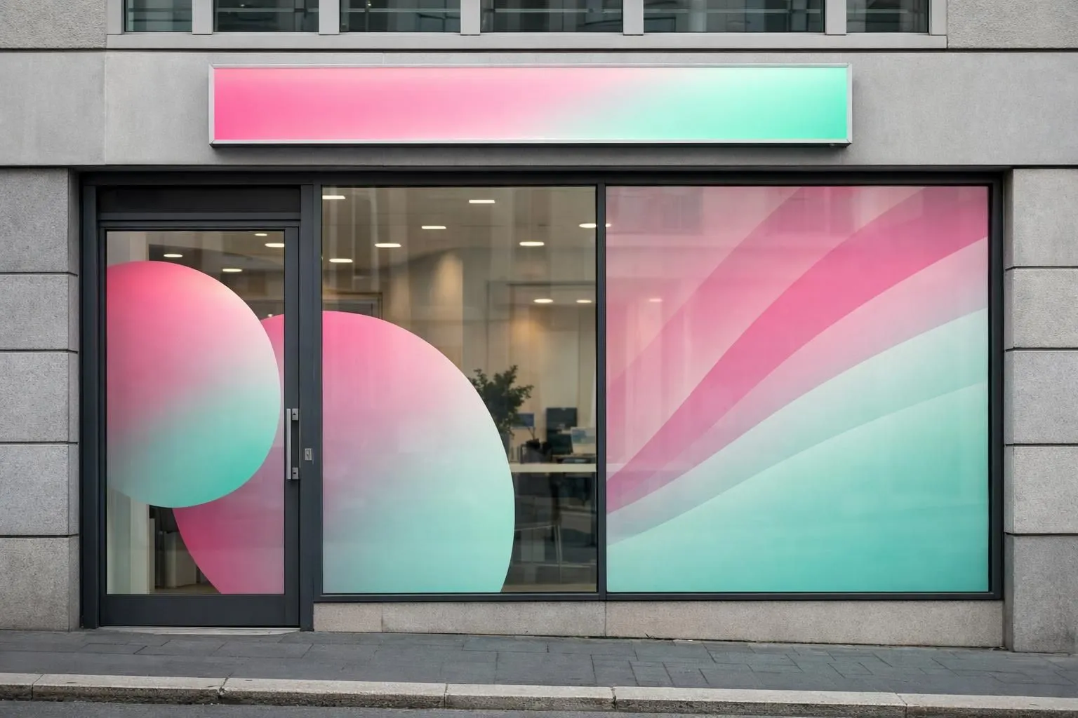 Modern Lausanne business storefront with striking large format vinyl window graphics and illuminated signage, showcasing professional branding and visual communication impact