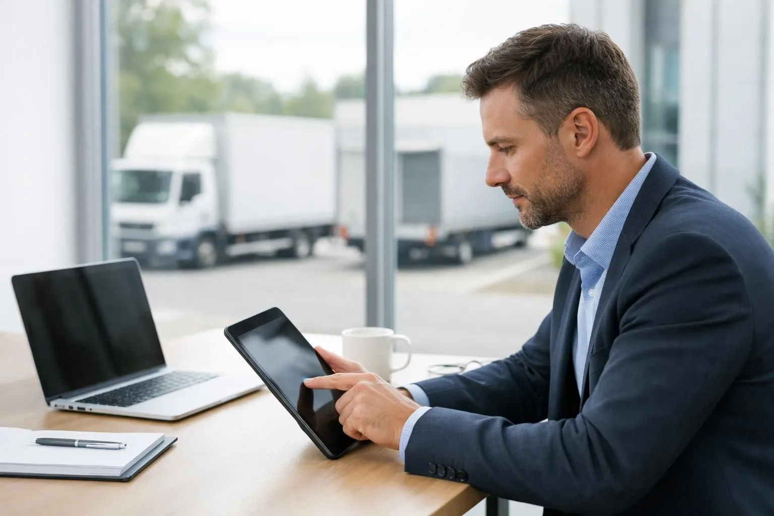 Business professional in modern office reviewing analytics dashboard on tablet showing mobile advertising metrics and impressions data, with branded delivery trucks visible through large windows in urban Swiss setting, natural daylight, realistic corporate photography style