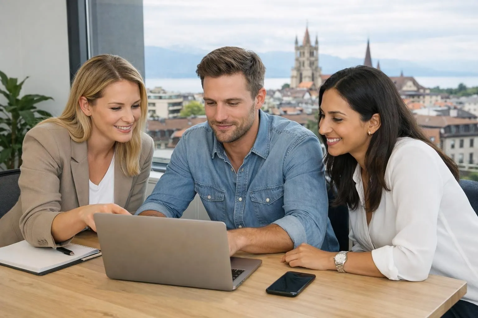 Professional team working on laptop displaying Google My Business dashboard with Swiss location pins and analytics graphs, modern office environment with Lausanne cityscape visible through window, natural daylight, realistic business photography style