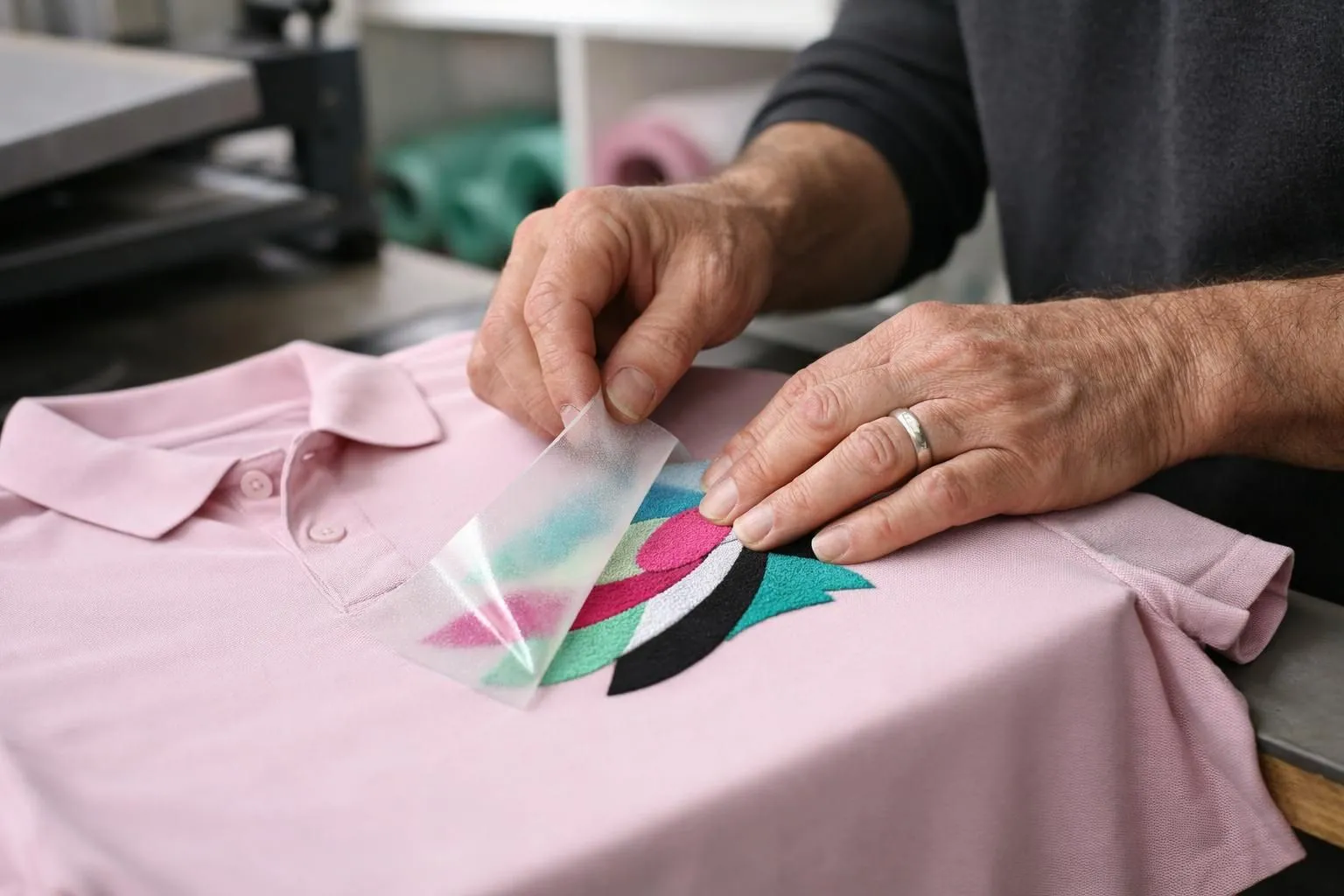 Close-up of vibrant multicolor heat transfer flocking design on modern sports apparel showing metallic and textured effects, with person wearing customized athletic polo displaying glossy gradient pattern, realistic photography, natural lighting, professional product shot for textile printing industry