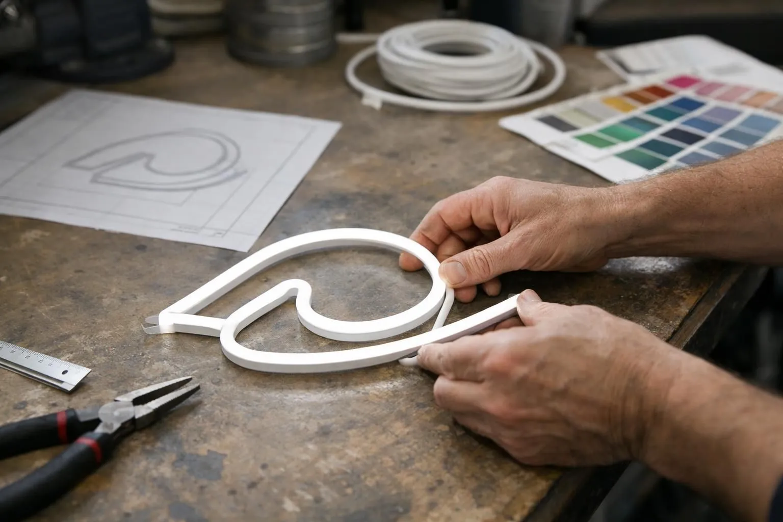 A professional craftsman's hands carefully bending flexible LED neon tubing to form a custom business logo shape on a workbench in a modern workshop, with technical design plans and color samples visible in the background, showing the detailed fabrication process of custom neon signage for Swiss enterprises