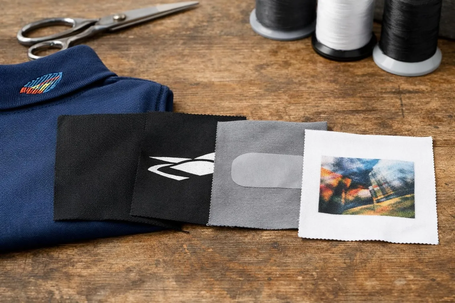 Close-up photograph of professional workwear garments showing multiple customization techniques side by side: embroidered logo detail on a polo shirt collar, vibrant screen-printed design on fabric, heat-pressed transfer on dark textile, and digital print sample on white material, arranged on a work table with fabric texture visible