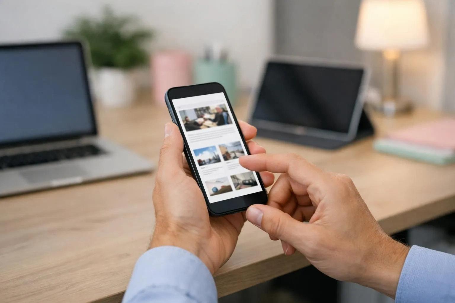 Professional workspace in Crissier showing hands holding a smartphone displaying a mobile-optimized website interface, with tablet and laptop in background showing responsive design variations, Swiss business environment with regional maps visible, modern office setting with Communication visuelle materials, warm lighting, photorealistic style