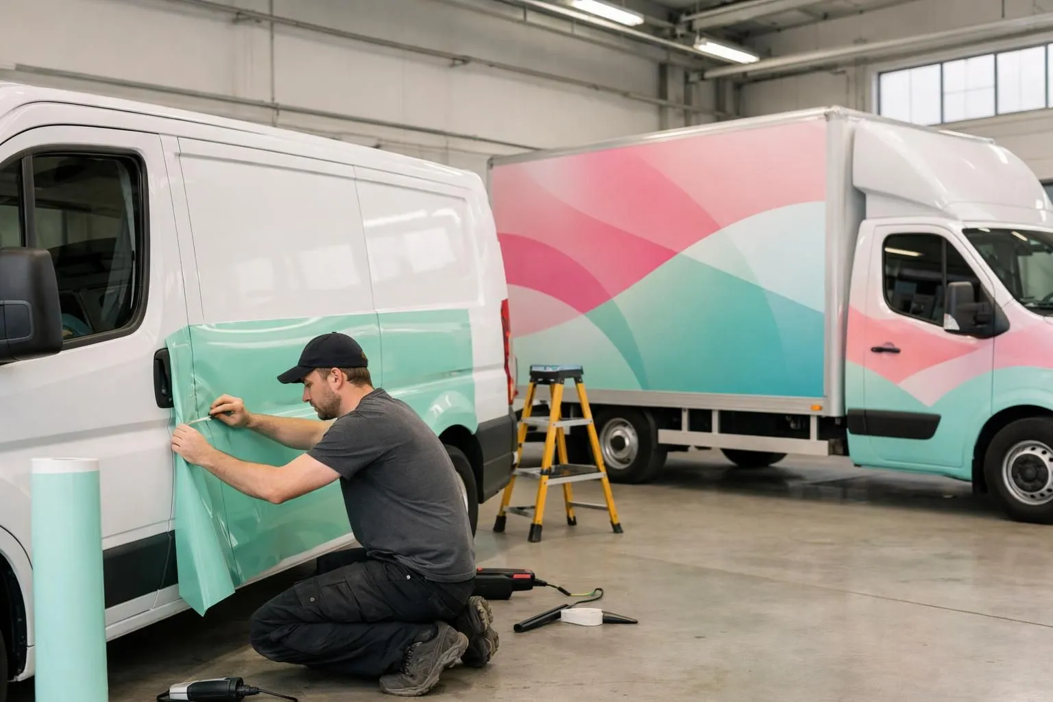 Swiss commercial van being wrapped in vinyl graphics next to larger delivery truck with complete branded wrap installation, showing size difference in professional workshop setting in Lausanne area