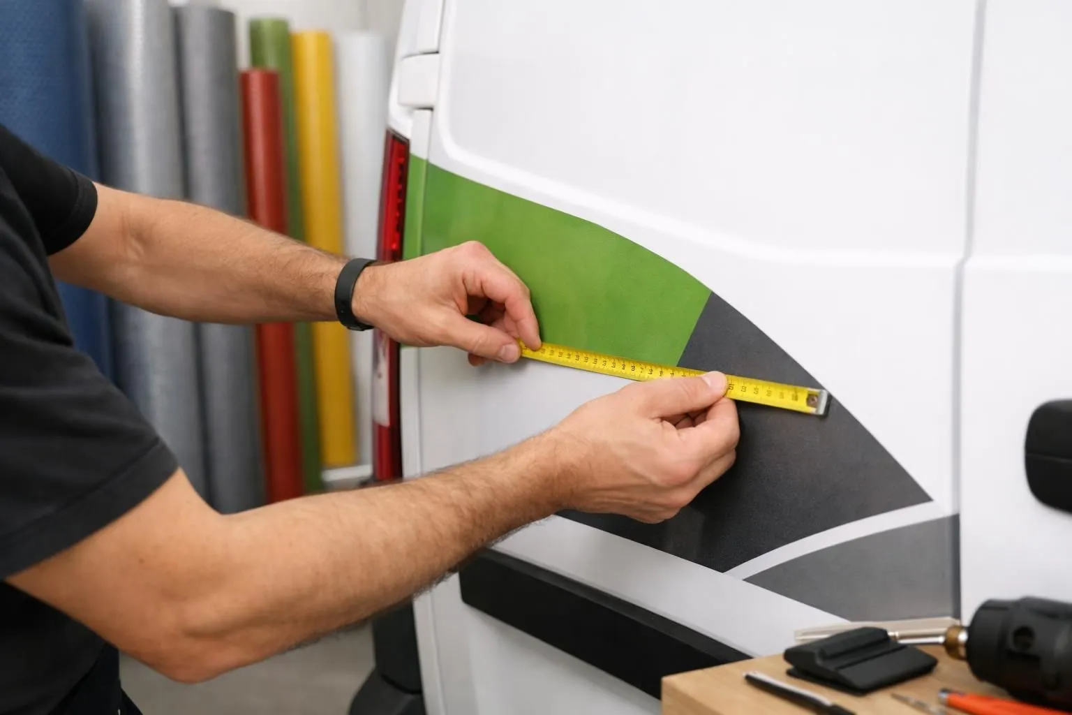 A delivery van with partial vinyl graphics being measured by a professional installer using a measuring tape, close-up of textured vinyl material rolls in different colors, realistic workshop setting with professional tools, no text or numbers visible