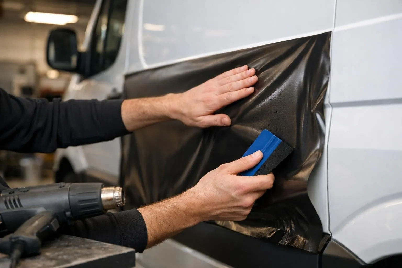 Professional technician applying vinyl film on a commercial van's side panel in a clean workshop environment, showing precise hands-on installation technique with heat gun and squeegee tools visible