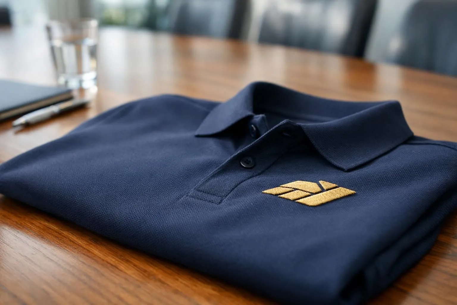 Close-up photograph of a navy blue corporate polo shirt with an embroidered company logo in metallic gold thread, showing the dimensional raised texture and professional quality of the stitching against the fabric weave, displayed on a wooden conference table with soft natural lighting highlighting the premium finish