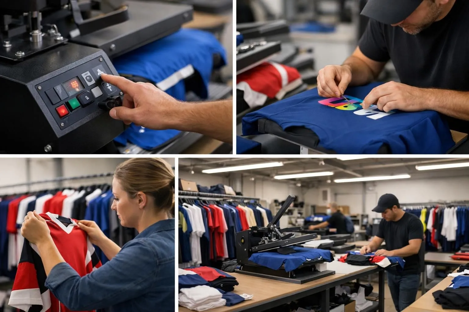 A professional workspace showing sports jerseys being customized with heat press machinery, a technician carefully applying colorful flocking material onto fabric, close-up of quality control inspection of personalized team uniforms, modern textile customization studio with sports apparel displayed on racks