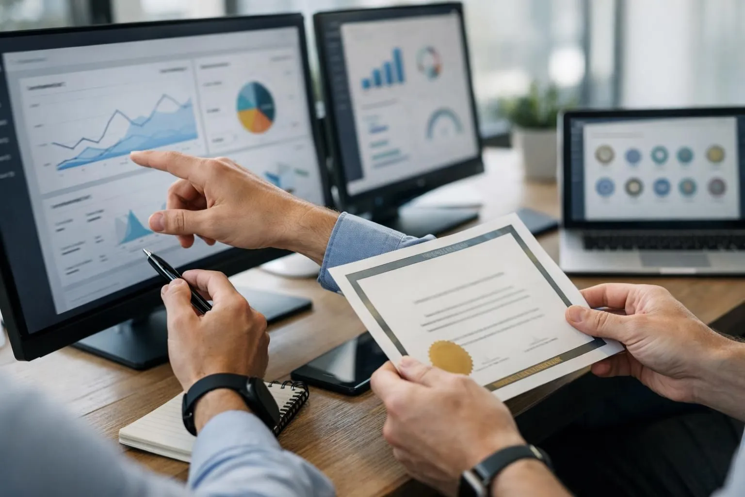 Marketing team analyzing digital campaign performance metrics and certification documents on computer screens in modern Swiss agency office, professional consultation setting with charts and analytics dashboards visible