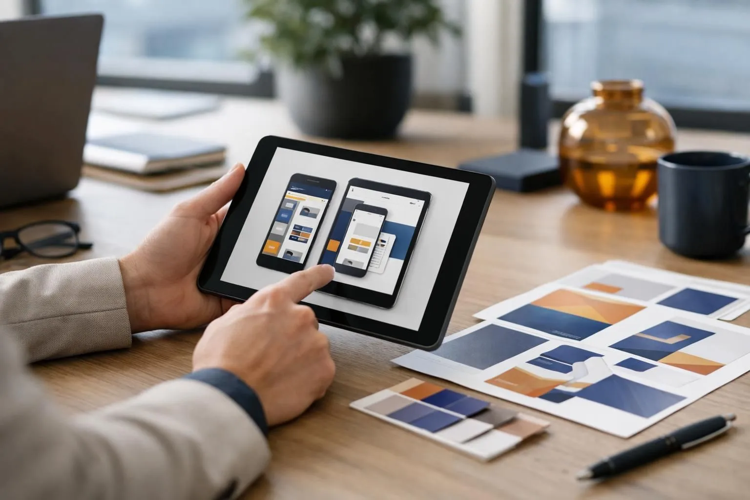 Professional meeting in a modern office in Crissier showing a designer presenting mobile-optimized branding materials on a tablet to business clients, with printed visual communication samples on the table, Swiss business environment, natural lighting, realistic photography style
