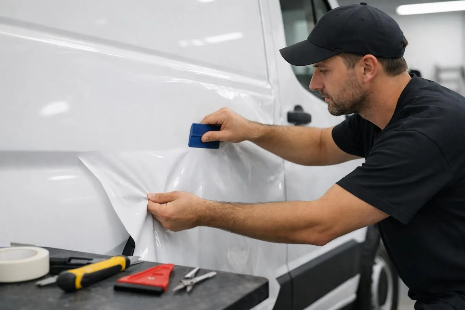 Professional technician applying vinyl wrap film to white commercial van side panel in temperature-controlled workshop with specialized squeegee tools and precision cutting equipment visible on workbench