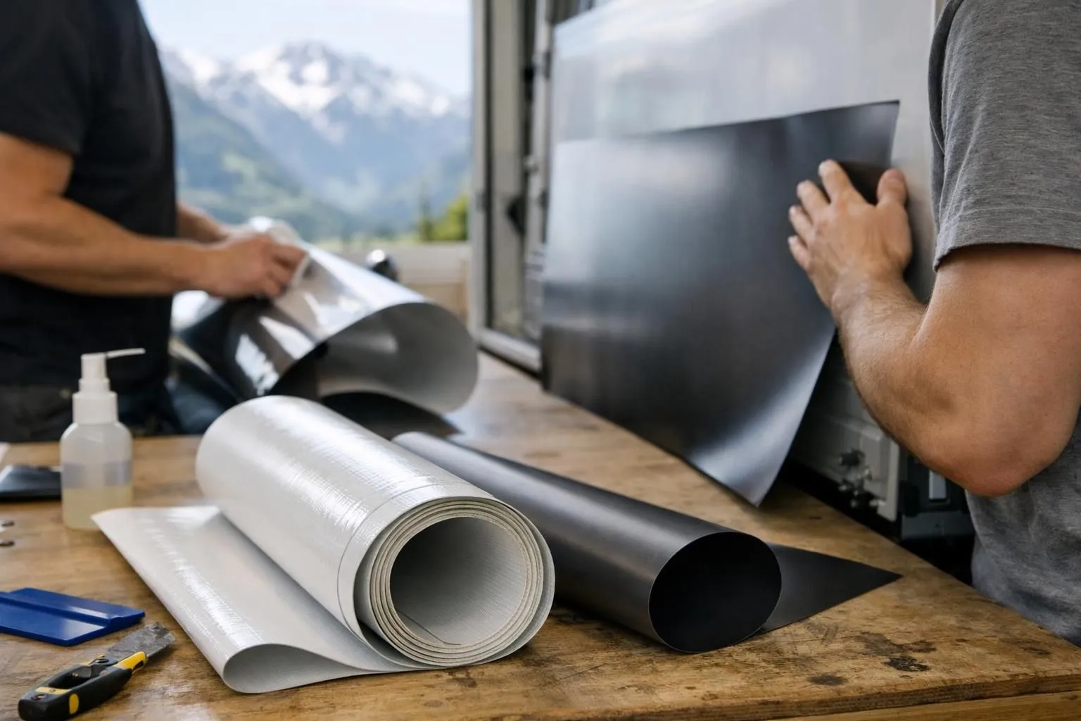 Professional truck displaying various vehicle wrap materials being applied by technicians, showing vinyl adhesive sheets, PVC banner fabric rolls, and magnetic panels being positioned on a commercial delivery vehicle in a Swiss workshop setting, with mountains visible through the window, close-up detail of material textures and application tools in realistic lighting
