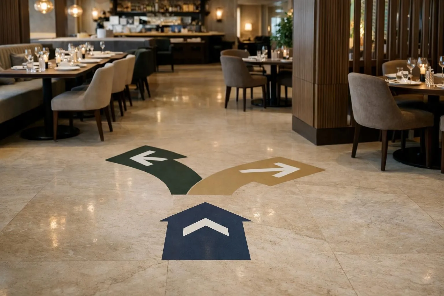 Elegant directional arrow floor stickers in upscale restaurant interior, guiding customers through dining space, smooth integration with modern decor, warm lighting, realistic perspective showing clear wayfinding path, branded colors matching restaurant identity, no text or letters visible