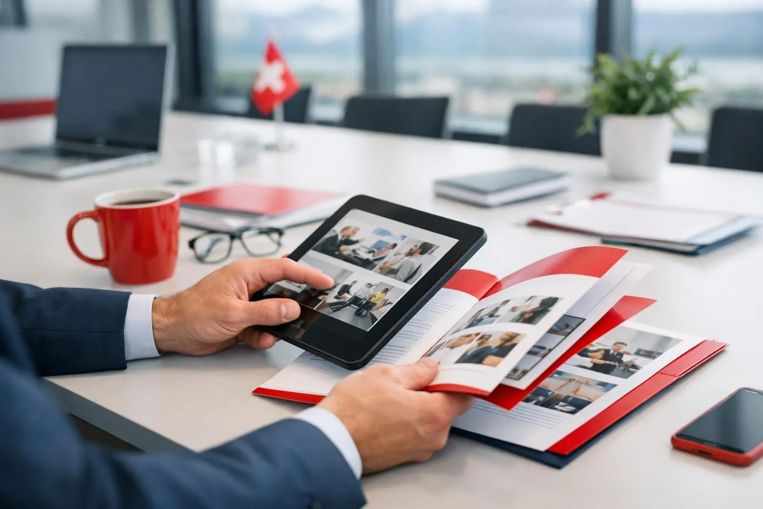 Business professional analyzing printed marketing portfolio documents and digital case study reports on tablet, reviewing client testimonials and performance metrics in modern Swiss office meeting room, natural lighting, professional photography style, no text visible