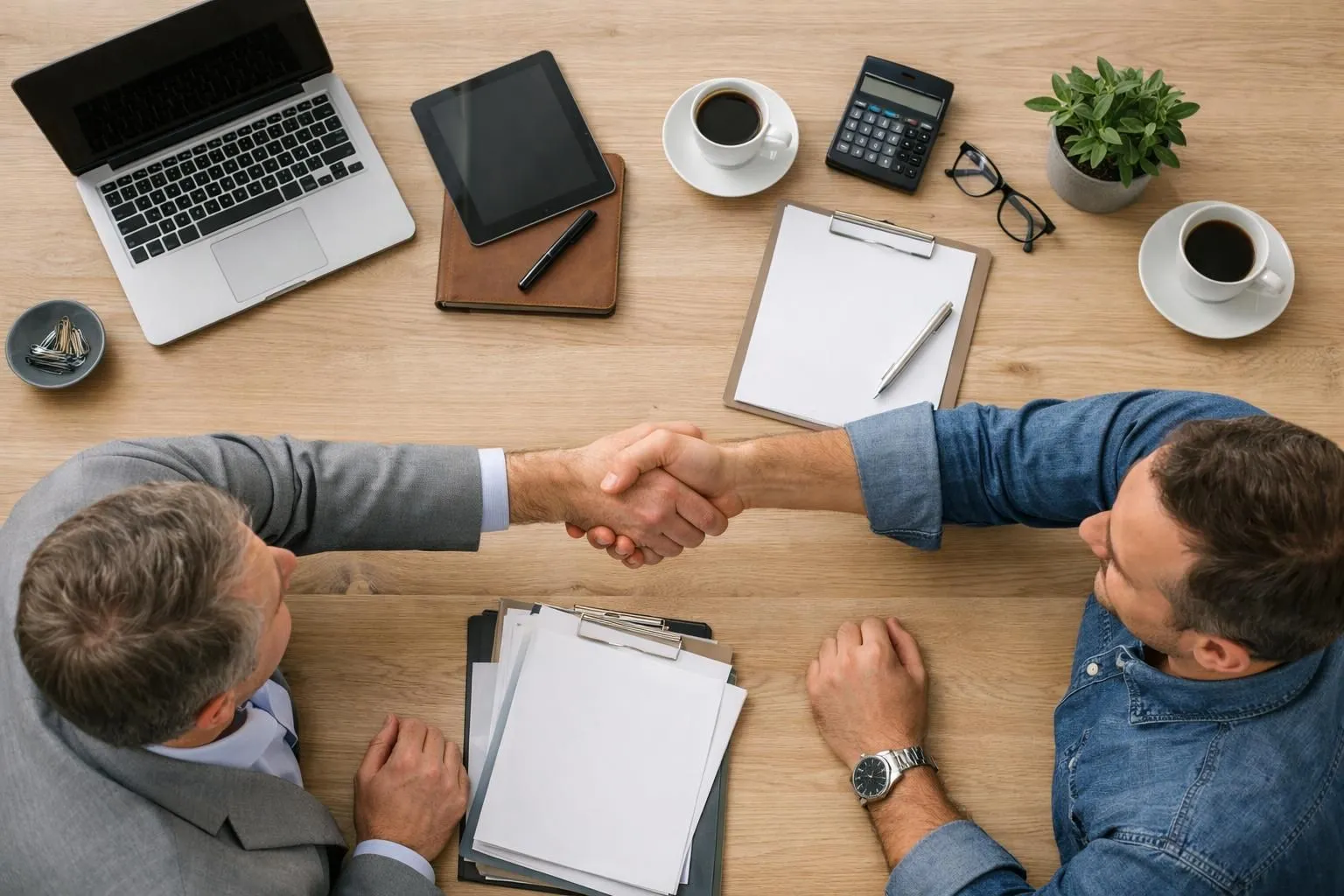 Professional meeting scene showing transparent business discussion between agency consultant and SME client, documents with pricing breakdown on table, honest handshake moment in modern Swiss office environment, natural lighting emphasizing trust and clarity