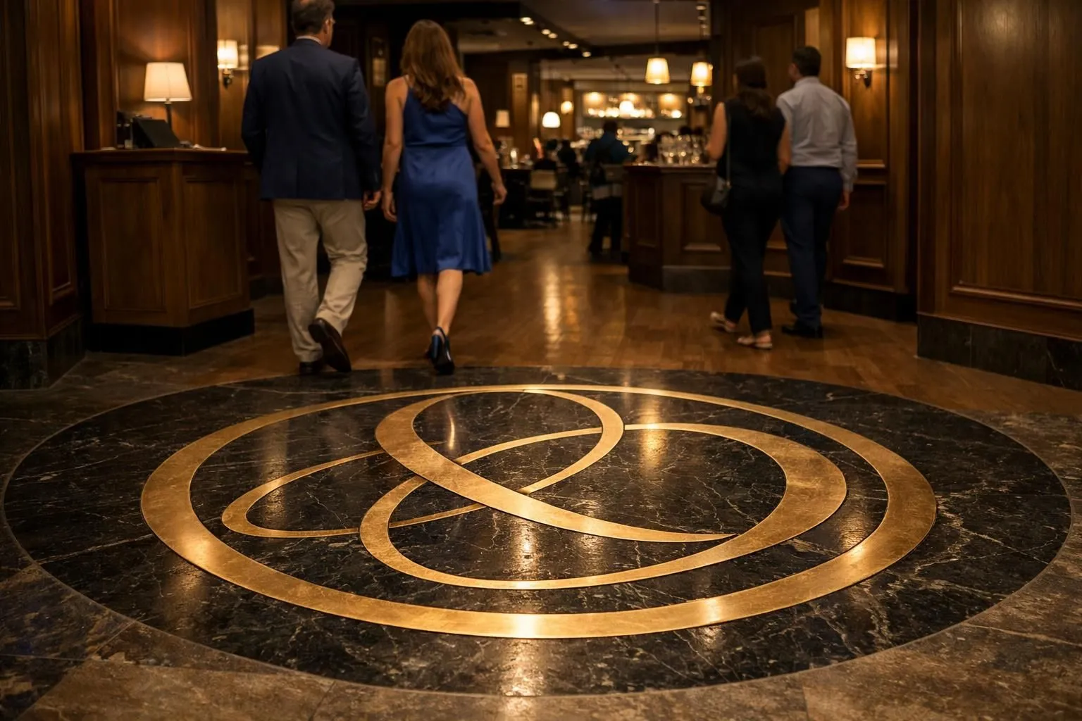Modern restaurant entrance with large circular branded floor sticker logo, customers walking over it, warm lighting, professional welcoming Swiss restaurant interior with wooden elements