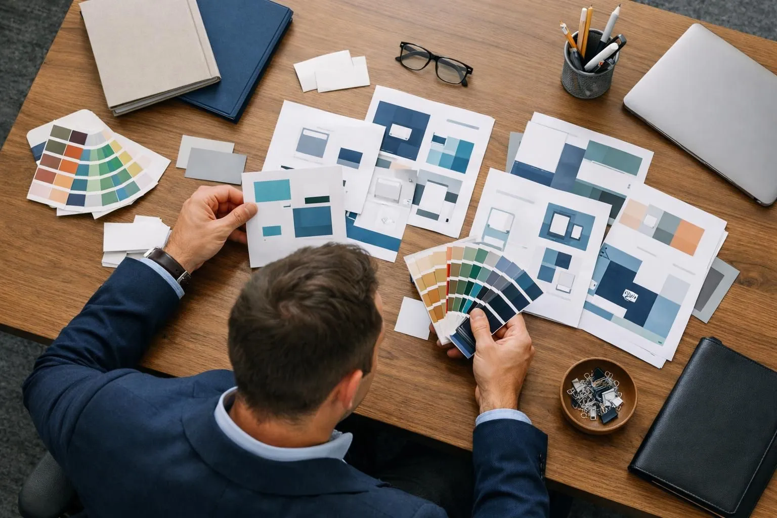 Business owner at desk reviewing printed marketing materials with color swatches and design mockups, organizing visual brand strategy with folders and branded documents