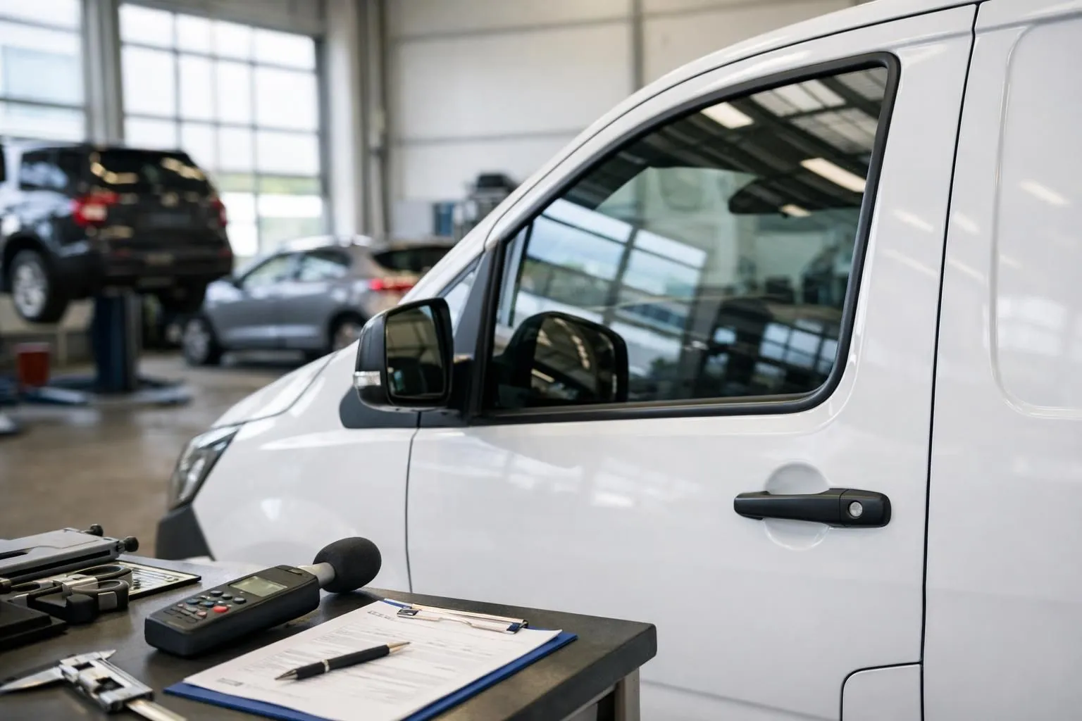 Professional installer applying solar window film on branded company vehicle in modern Swiss workshop, visible measuring tools and certification documents on workbench, corporate fleet vehicles in background, natural lighting showing film transparency compliance testing