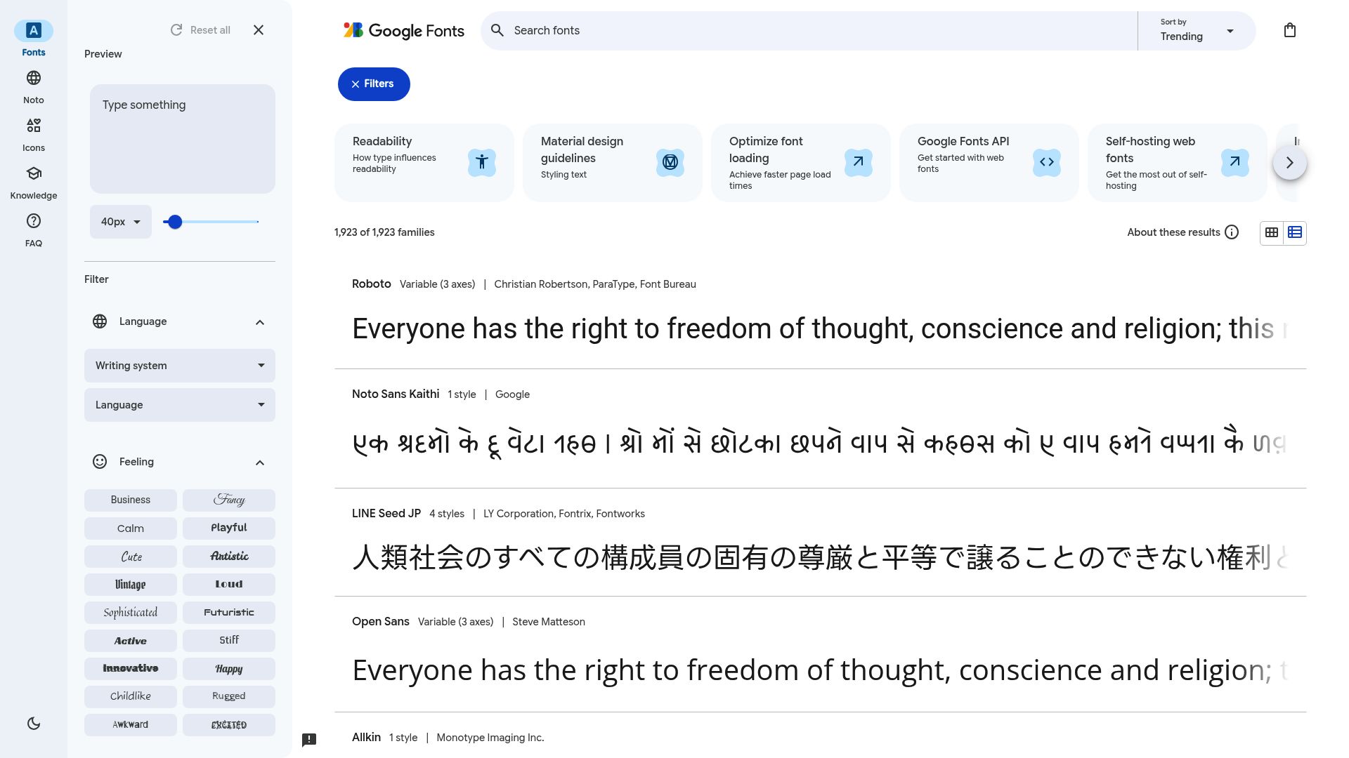 Screenshot of fonts.google.com