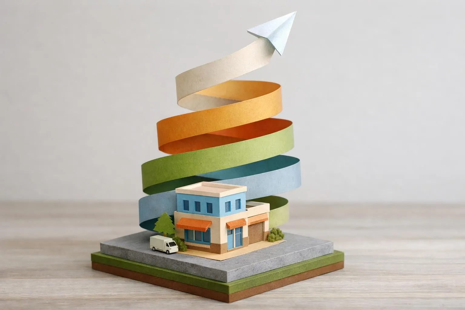 Illustration paper craft d'une stratégie communication PME succès en 5 étapes, symbolisant croissance et réussite.