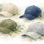Illustration aquarelle: plusieurs casquettes brodées personnalisées pour PME, symbolisant une marque forte et unie.
