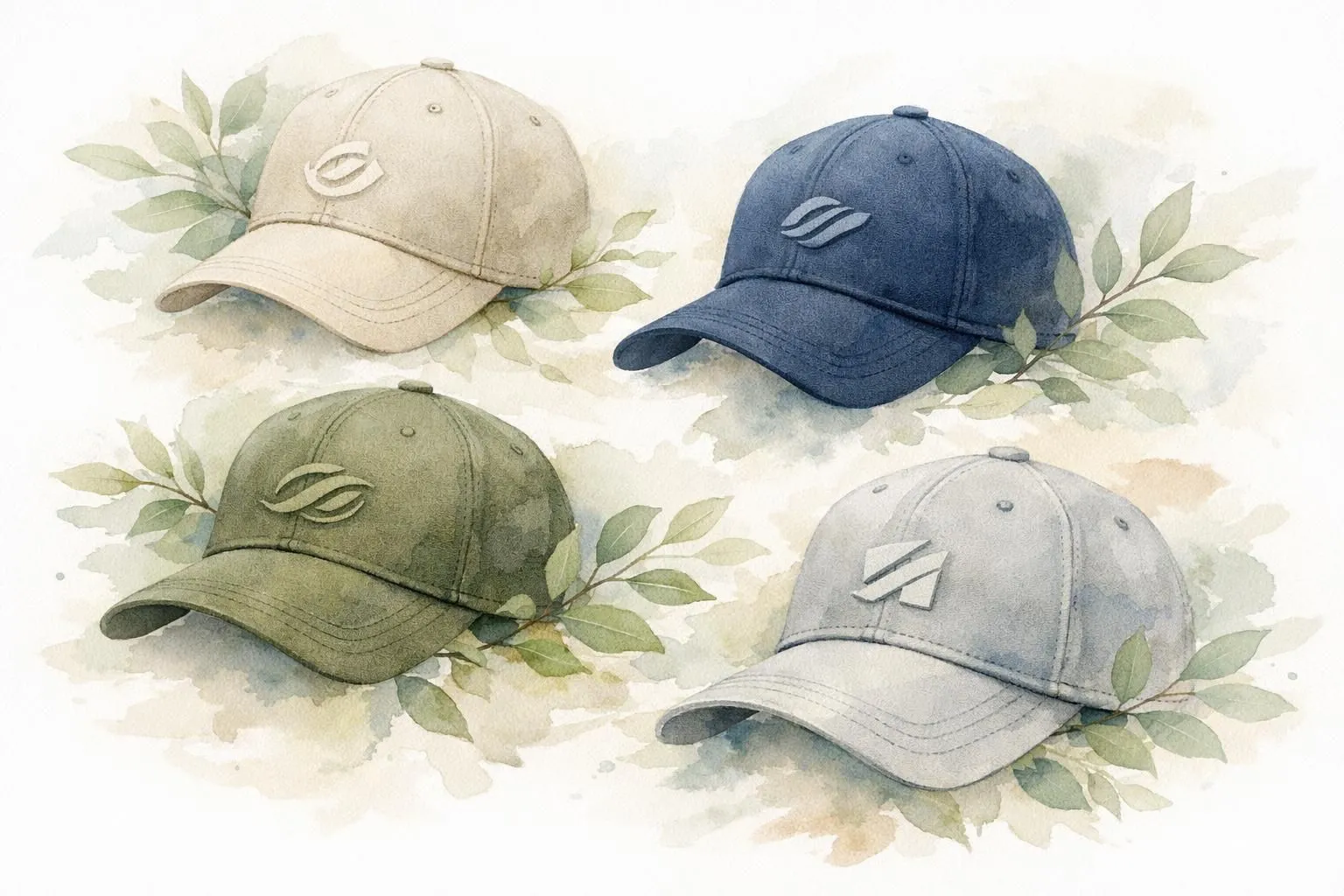 Illustration aquarelle: plusieurs casquettes brodées personnalisées pour PME, symbolisant une marque forte et unie.