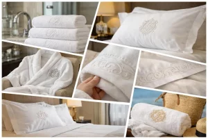 Broderie personnalisée pour hôtels : un collage authentique de serviettes, peignoirs et linge brodés en milieu hôtelier éléga