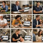 Collage authentique d'entrepreneurs français utilisant un site internet one page entreprise pour simplifier leur présence dig