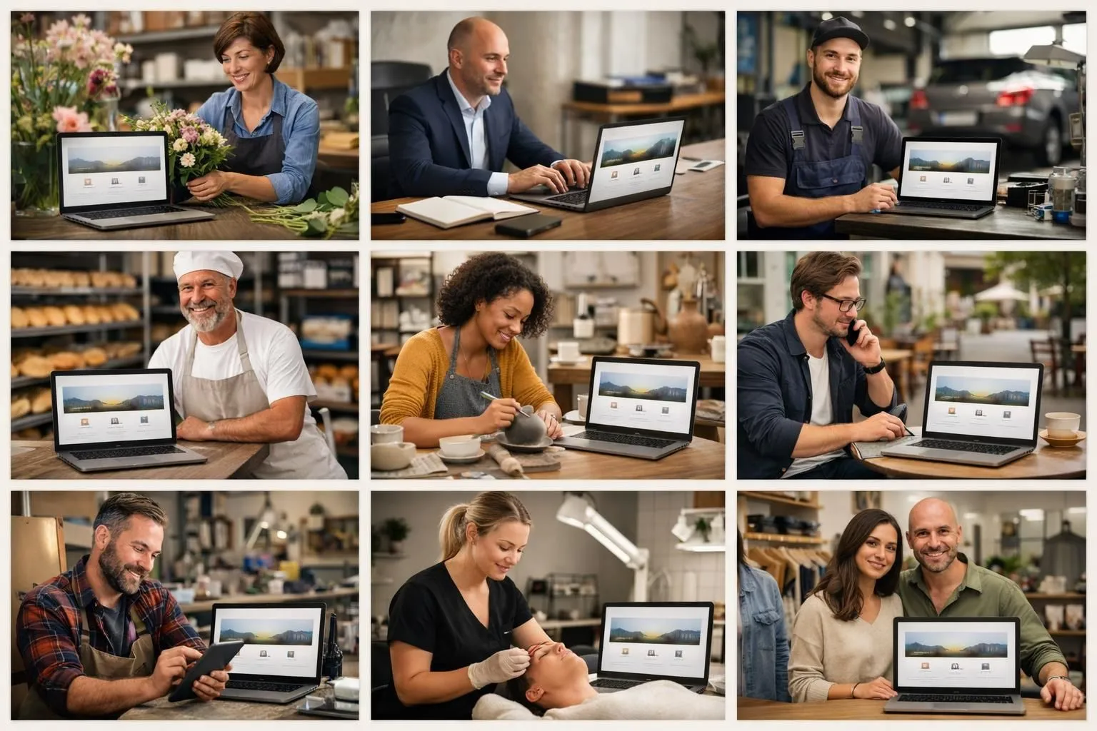 Collage authentique d'entrepreneurs français utilisant un site internet one page entreprise pour simplifier leur présence dig