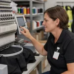 "Personne utilisant une machine à broder industrielle pour personnaliser des vêtements professionnels en Suisse"