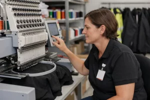 "Personne utilisant une machine à broder industrielle pour personnaliser des vêtements professionnels en Suisse"