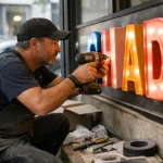 Un artisan installe une enseigne lumineuse dans un magasin