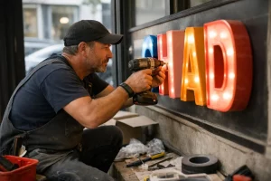 Un artisan installe une enseigne lumineuse dans un magasin