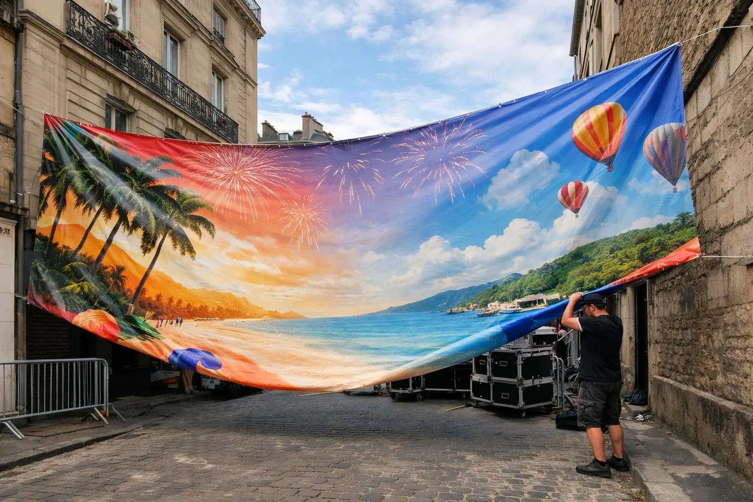 Impression bâche événementielle prix - Bâche événementielle imprimée couleurs vives extérieur urbain