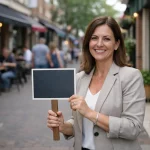 "Femme d'affaires locale tenant un panneau de signalisation dans un centre-ville animé, illustrant les étapes pour améliorer